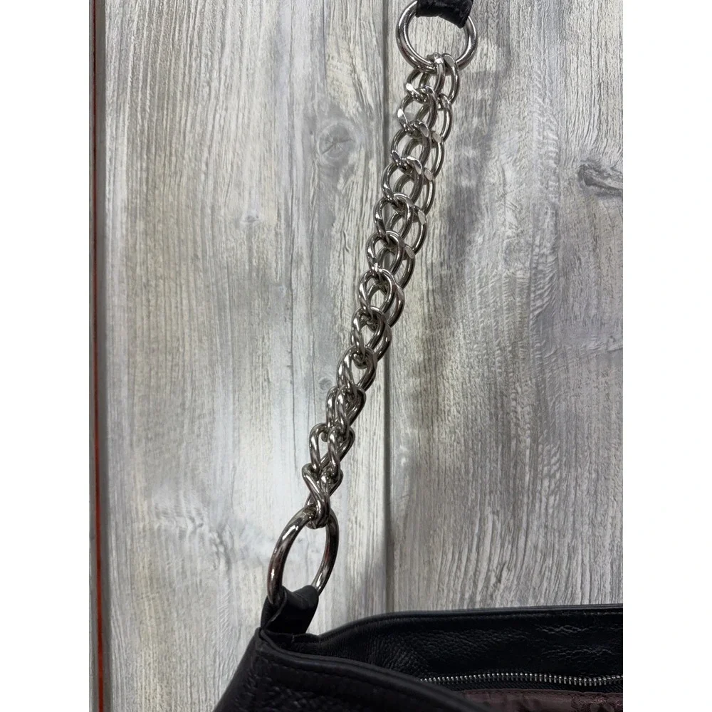 Christine Price Black Pebbled Hobo Bag Striped Silver Chain Shoulder Handbag